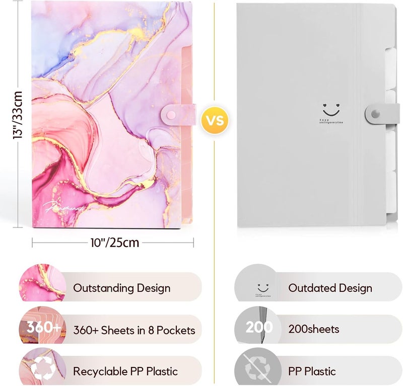 Rihan Expanding File Folder, Folders for Important Documents Organizer, Accordion File Organizer, Aesthetic Folders for School Students, 8 Pockets File Folder for Home Bills (Pink Gold Marble) - Image 4